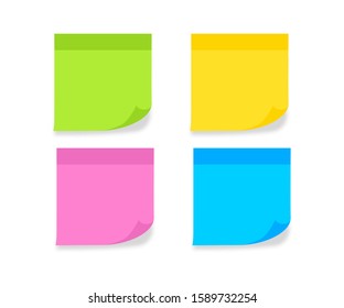 Set different colored sheets of note paper.  Blank post for message, to do list, memory. Sticky colored notes. Post note paper with curled corners and shadows. Vector illustration