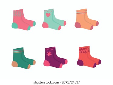 Set of different colored socks. Collection of bright socks. Vector illustration.