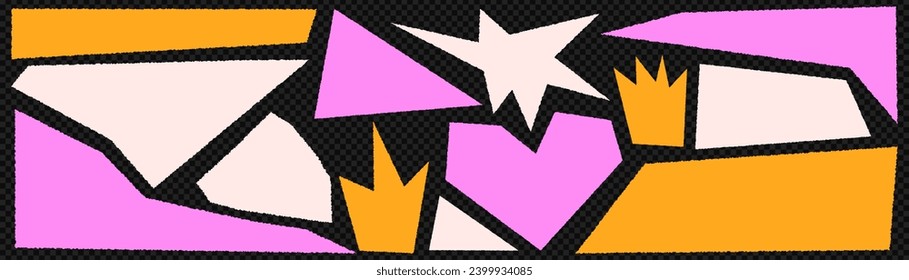 A set of different colored torn paper in the form of rectangle, crown, heart and other abstract shapes. Ripped rectangles and sharp shapes. Sheets with distorted edges for collages. Vector illustratio