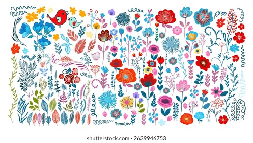 Set of different colored vector flowers . hand drawn. Not AI, Vector illustration.