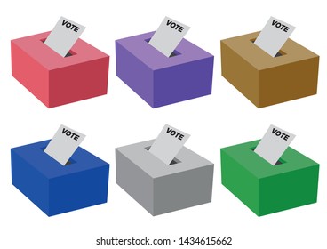 Set of different colored voting ballot boxes isolated against white background. Concept of freedom or democracy. Vector illustration