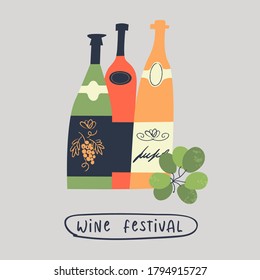 A set of different colored wine bottles and a bunch of grapes. Vector illustration.