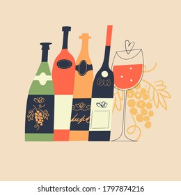 A set of different colored wine bottles and a glass of wine. Wine festival. Vector illustration.