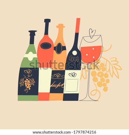 A set of different colored wine bottles and a glass of wine. Wine festival. Vector illustration.