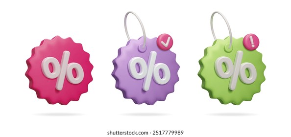 Set of different colorful 3D discount price tags isolated on white. Special offer, promotion, online shopping, sale price tag hanging label 3d render. 3D discount voucher coupon notification icon.