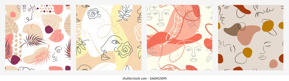 Set of different colorful abstract face and flowers seamless pattern vector flat illustration. Collection of futuristic pastel human facial line and shapes decoration isolated on white background