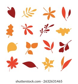 A set of different colorful autumn leaves, isolated on white, vector illustration, flat design. A botanical element for decoration, design, decor, and poster. Flying dry foliage of plants, silhouette