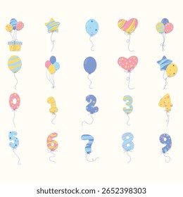 Set of  different colorful balloons shaped like numbers from 0 to 9 and other fun shapes, with various patterns. The balloons are designed for a celebration like a birthday party.