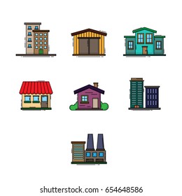 Set of different colorful buildings with outline silhouettes