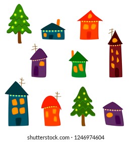 Set of different colorful cartoon style houses and fir trees decorated with shining bright yellow lights. Children illustration stylized buildings and Christmas New Year trees. Flat design vector 