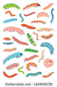 Set of different colorful caterpillars in cartoon style isolated on white background. Childish poster. The larva of insects, butterflies, moth. Vector illustration