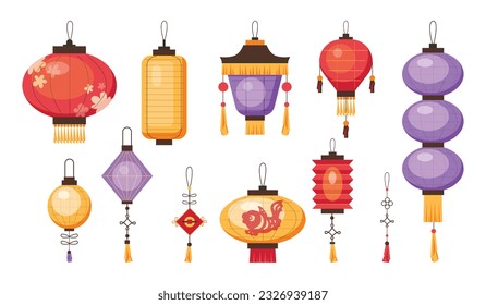 Set of different colorful Chinese lanterns flat style, vector illustration isolated on white background. Traditional Chinese New Year decoration collection, design elements
