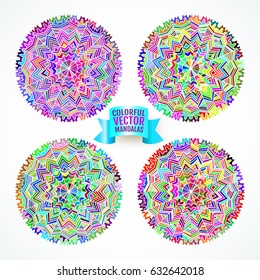 Set of different colorful circular vector mandalas isolated on white background. 