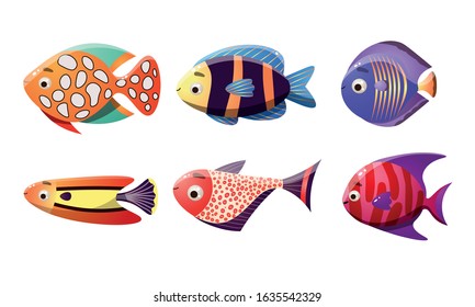 Set of different colorful coral reef fishes. Vector illustration in the flat cartoon style.