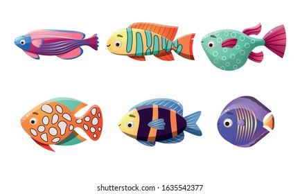 Set of different colorful coral reef fishes. Vector illustration in the flat cartoon style.