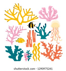 set with different colorful corals and seaweeds with tropical fishes on white background.