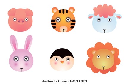 Set of different colorful cute animal portraits. Vector illustration in flat cartoon style.