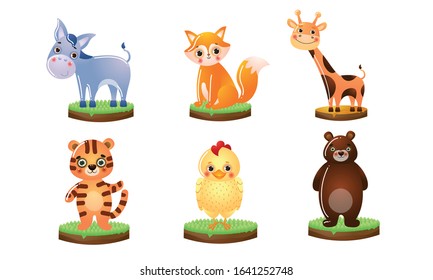 Set of different colorful cute animals. Vector illustration in flat cartoon style.