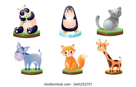 Set of different colorful cute animals. Vector illustration in flat cartoon style.