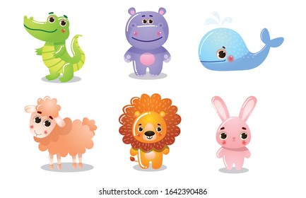 Set of different colorful cute animals. Vector illustration in flat cartoon style.