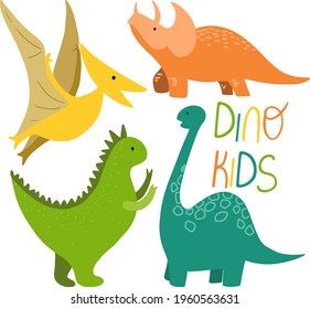 Set of different colorful dinosaurs, hand drawn childish design