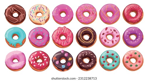 Set of different colorful donuts sweet bakery cartoon style vector, confectionary shop sweets