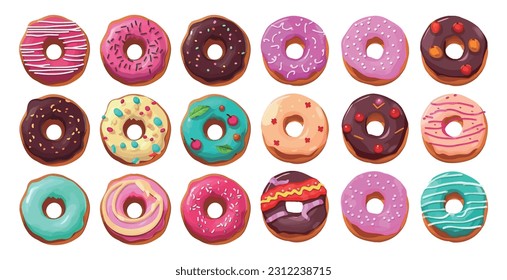 Set of different colorful donuts sweet bakery cartoon style vector, confectionary shop sweets