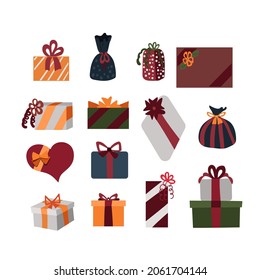 Set von verschiedenen farbigen Doodle Geschenkbox mit Bändern. Handgezeichnete Vektorgrafik.