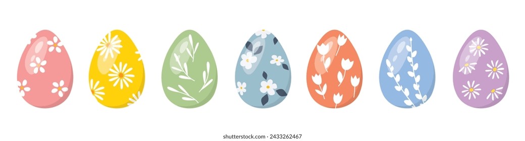 conjunto de diferentes huevos de pascua coloridos con adornos florales - ilustración vectorial