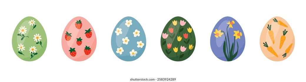 set of different colorful easter eggs decorated with daisy, strawberries, tulips, daffodils and carrots - vector illustration