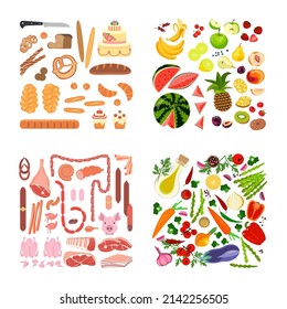 Set of different colorful food collections for Restaurant menu, flyer or poster in flat design. Flat Art Vector illustration