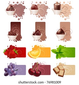 Set of different colorful frames with sweets and fruits