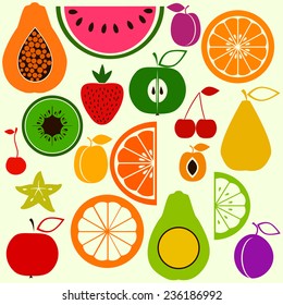 Set of different colorful fruits in simple style