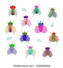 Set of different, colorful, funny flies