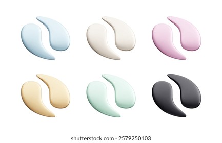Set of different colorful gel eye patches isolated on white background realistic 3D vector illustration. Hydrating skincare treatment, hydrogel eye masking, anti aging cosmetic product 3D icon set.