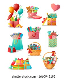 Set of different colorful gift boxes or basket for holidays