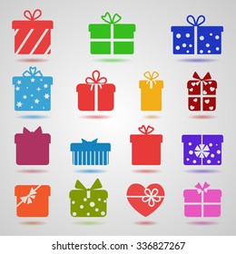 Set of different colorful gift boxes with shadows. Flat design
