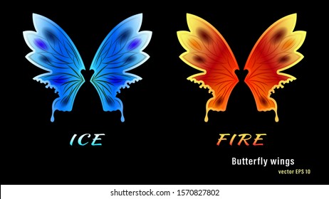 Set different colorful gradient flame fire and ice spotted butterfly wings isolated on a black background. Vector illustration stock.