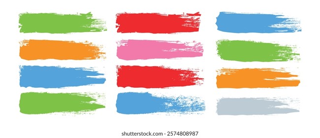 Set different colorful grunge brush strokes. Artistic design element, paint smear, ink splatter, creative graphic element. Vector illustration