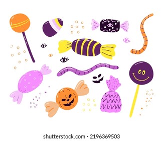 Set of different colorful Halloween candies. Collection of cute caramel, jelly sweets, sugar bonbons, lollipops on sticks. Sweet food. Flat vector illustration isolated on white background