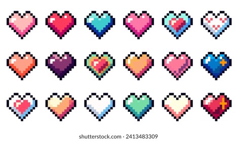 Set of different colorful hearts in pixel art style. Pixel icon, vector illustration isolated on white background. Vector 8-bit retro style illustration