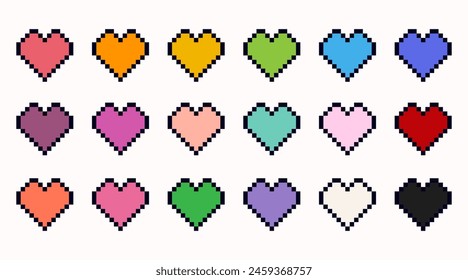 Set of different colorful hearts in pixel art style. Love game set. Heart gamer health sign. Pixel icon, vector illustration isolated on white background. Vector 8-bit retro style symbols