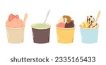 Set different colorful ice cream in paper round box with wood stick in flat vector style isolated on white background