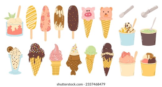 Set different colorful ice cream in waffle cone with sprinkling, on stick, sorbet in box, metal spoons for make ball in flat hand drawn vector style isolated on white background