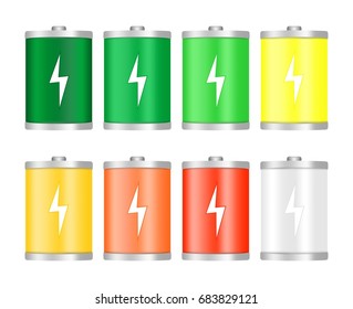 Set of different colorful icons from the battery charge level fully charged after full discharge, green,yellow,orange,red with a flash on a white background 