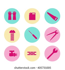 set of different colorful  icons of  tools for construction.