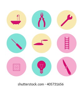 set of different colorful  icons of tools for construction.