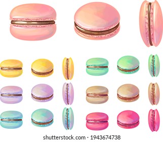 Set with different colorful macaroons isolated on white background. Tasty french desserts for restaurant and cafe menu. Illustration can be used for food projects.