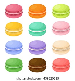 Set of different colorful macaroons. Macaroon cookies isolated on white background. Sweet and tasty vector template for cooking and restaurant menu.