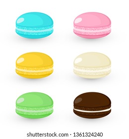 Set of different colorful macaroons with shade. Macaroon cookies isolated on white background. Sweet and tasty vector template for cooking and restaurant menu